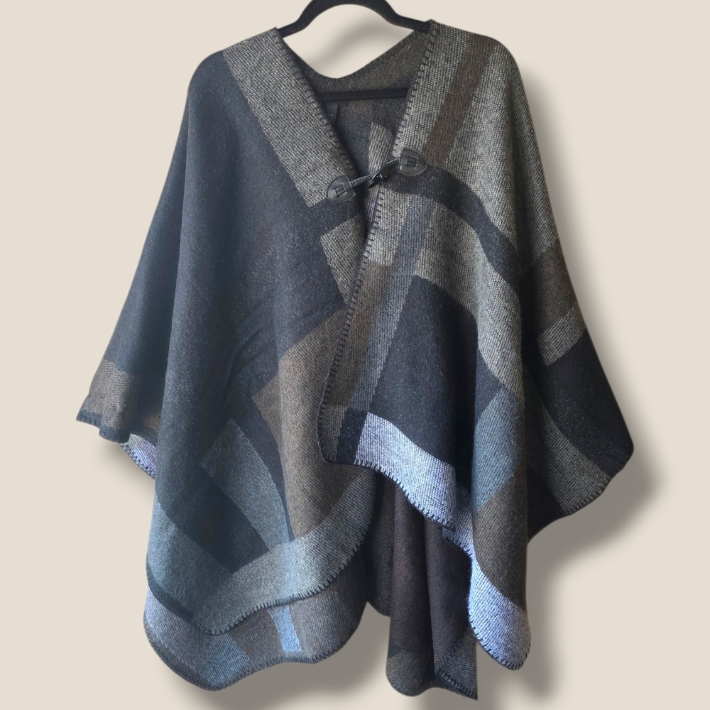 Steve Madden Geometric Colorblock Knit Poncho - Black & Gray & Brown
